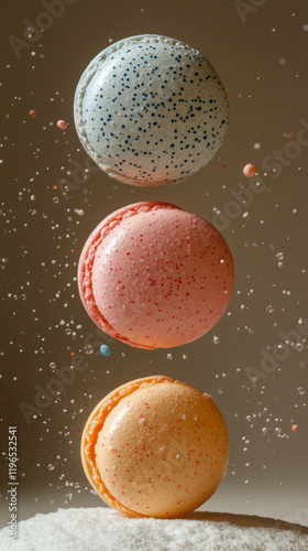 Colorful macarons tumbling on white background creative AI generative.. photo