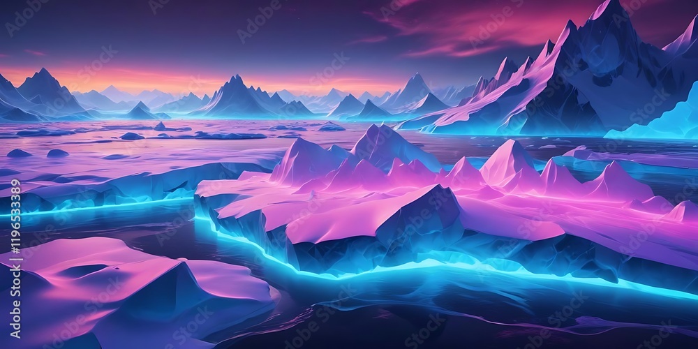 Fototapeta premium Computer generated image of a snowy landscape with mountains and a blue river