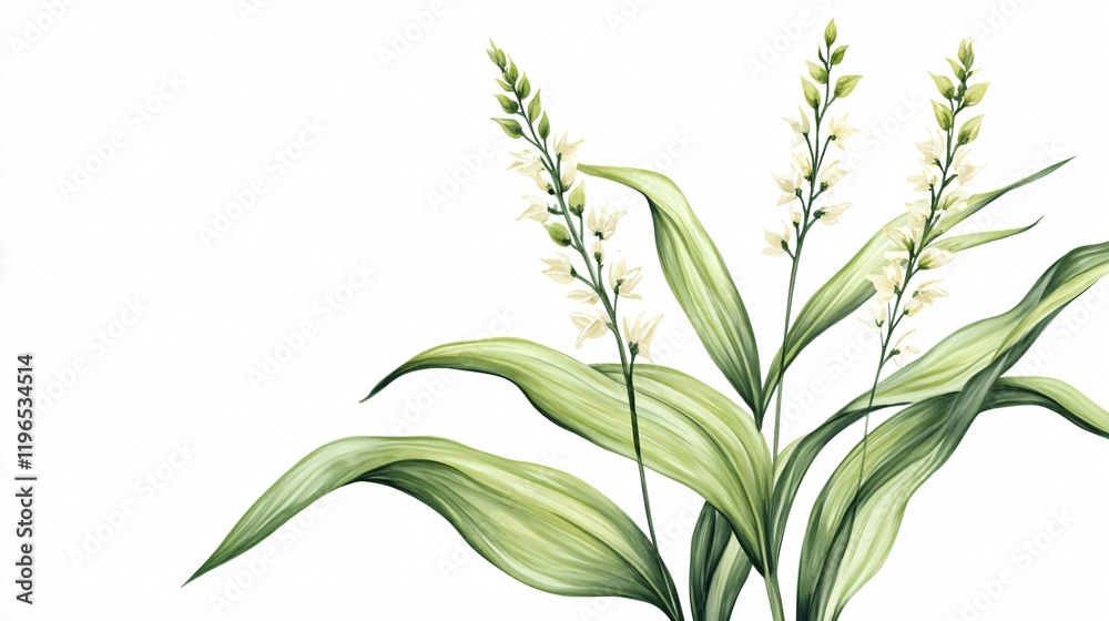 Fototapeta premium Elegant White Flowers and Lush Green Leaves on a Clean White Backdrop: A Botanical Masterpiece
