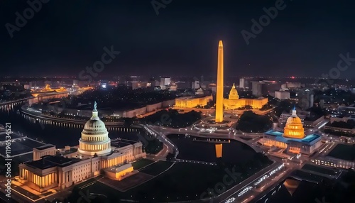 Nighttime View of Washington DC Monuments and Capitol Building