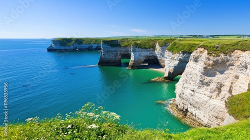 Scenic coastal cliffs with turquoise waters and clear blue skies.