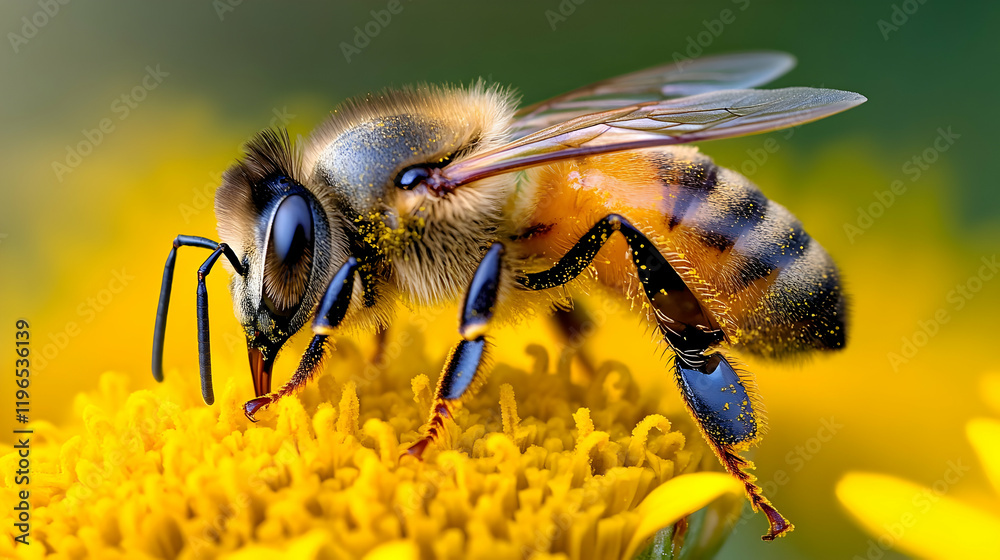 In an autumn garden, a bee is consuming nectar from yellow chrysanthemum flowers.