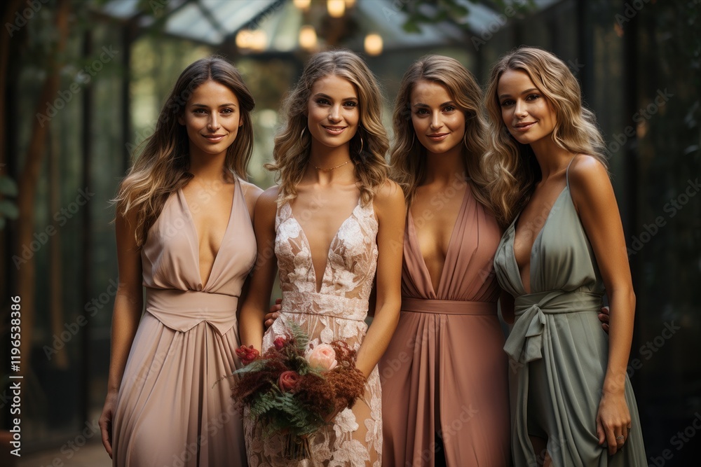 Obraz premium A group of bridesmaids in beautiful gowns are smiling and posing together at a formal event. Guests at a traditional wedding ceremony