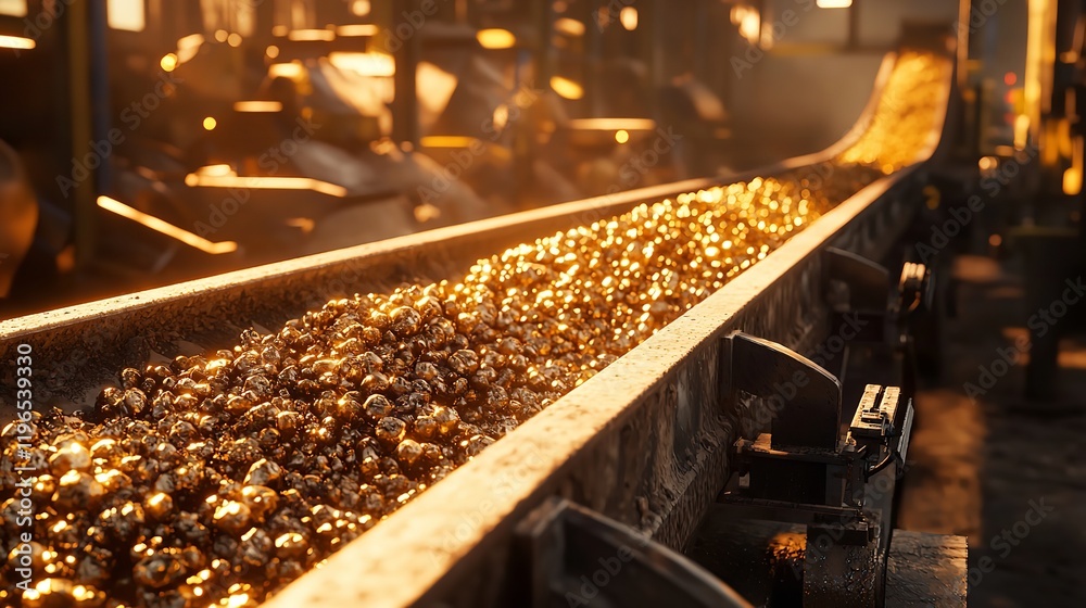 Golden Riches on the Rails: Freshly mined gold glistens on a conveyor belt, hinting at the industrial process and vast wealth beneath the earth. Golden Riches on the Rails: Freshly mined gold glistens on a conveyor belt, hinting at the industrial process and vast wealth beneath the earth.