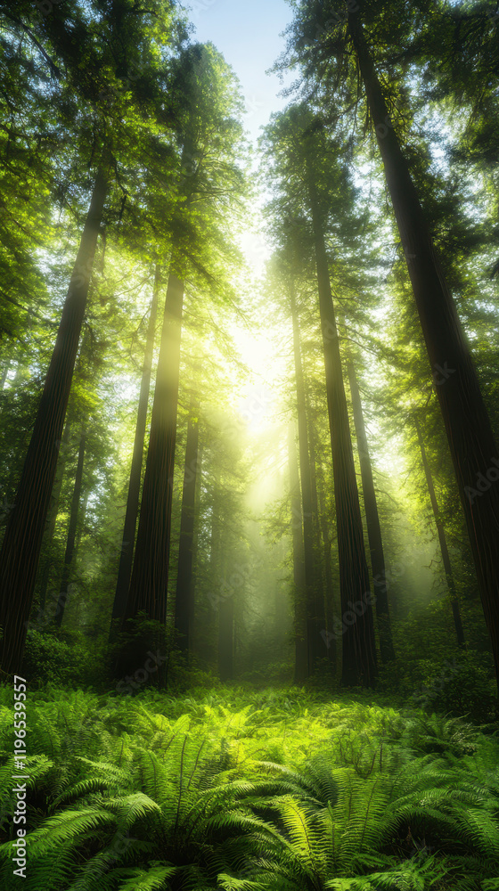 Fototapeta premium misty forest with towering trees and vibrant ferns