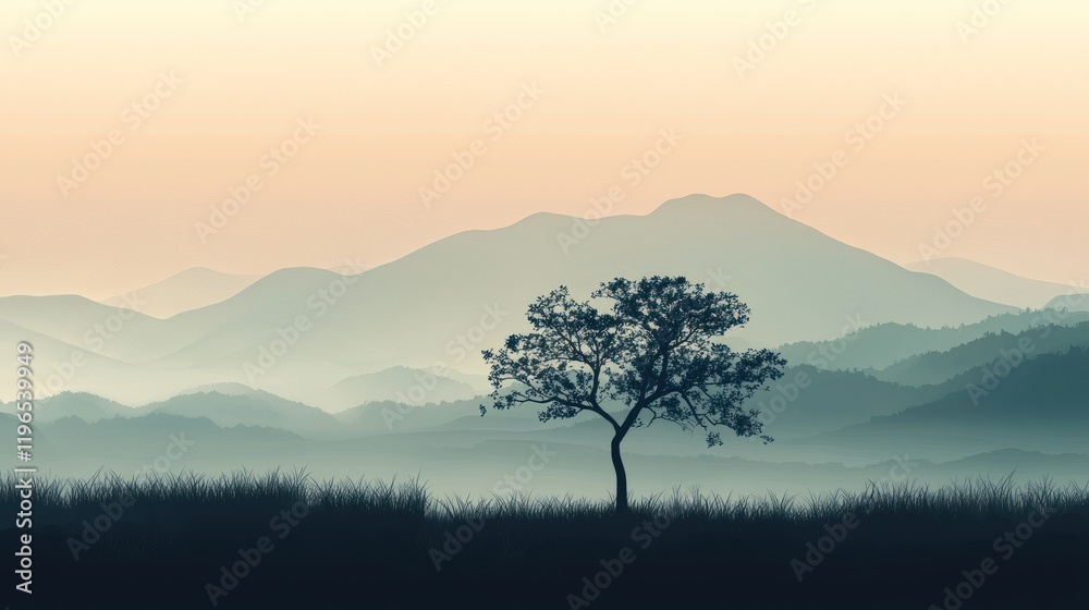 Fototapeta premium Serene Misty Mountain Landscape with Solitary Tree