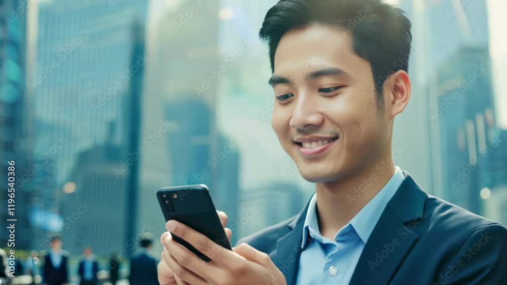 A smiling Asian businessman with a smartphone in the center of the city's business district. This cheerful businessman shares updates, lighting up the business district.