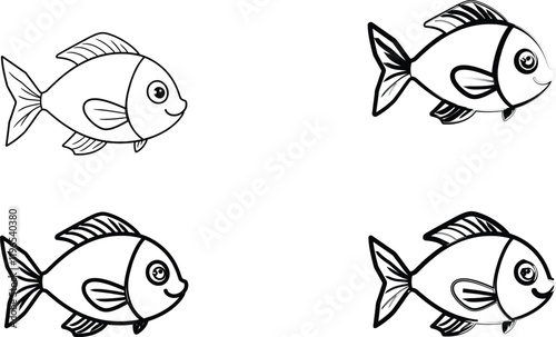 Simple cartoon fish, black and white line drawing, repeated pattern, cute fish characters, minimalist aquatic illustration, childlike sketch style, four identical fish, rounded bodies, big eyes, basic