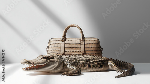 Crocodile with a bound mouth next to a luxury leather bag made from crocodile skin, highlighting animal exploitation and ethical concerns photo