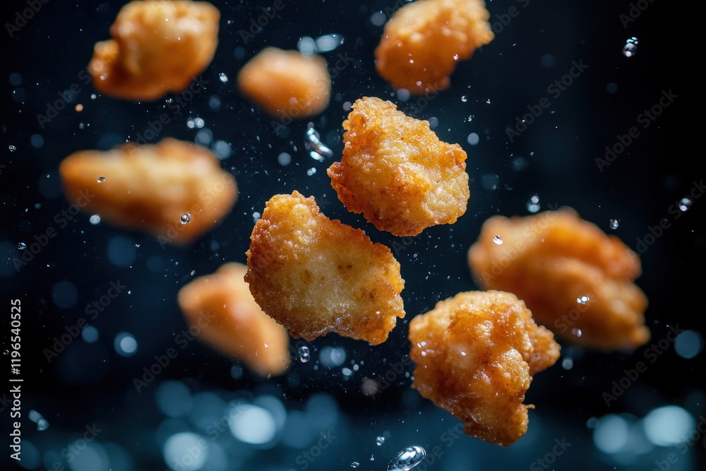 Fried chicken nuggets in mid-air with water droplets, showcasing delicious fast food, crispy texture and appetizing presentation for culinary or restaurant themes. Fried chicken nuggets in mid-air with water droplets, showcasing delicious fast food, crispy texture and appetizing presentation for culinary or restaurant themes.