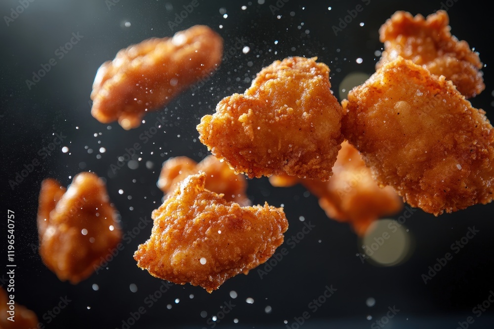 Fried chicken pieces floating in air with seasoning, crispy texture and golden color, representing fast food, meal preparation and culinary delight. Fried chicken pieces floating in air with seasoning, crispy texture and golden color, representing fast food, meal preparation and culinary delight.
