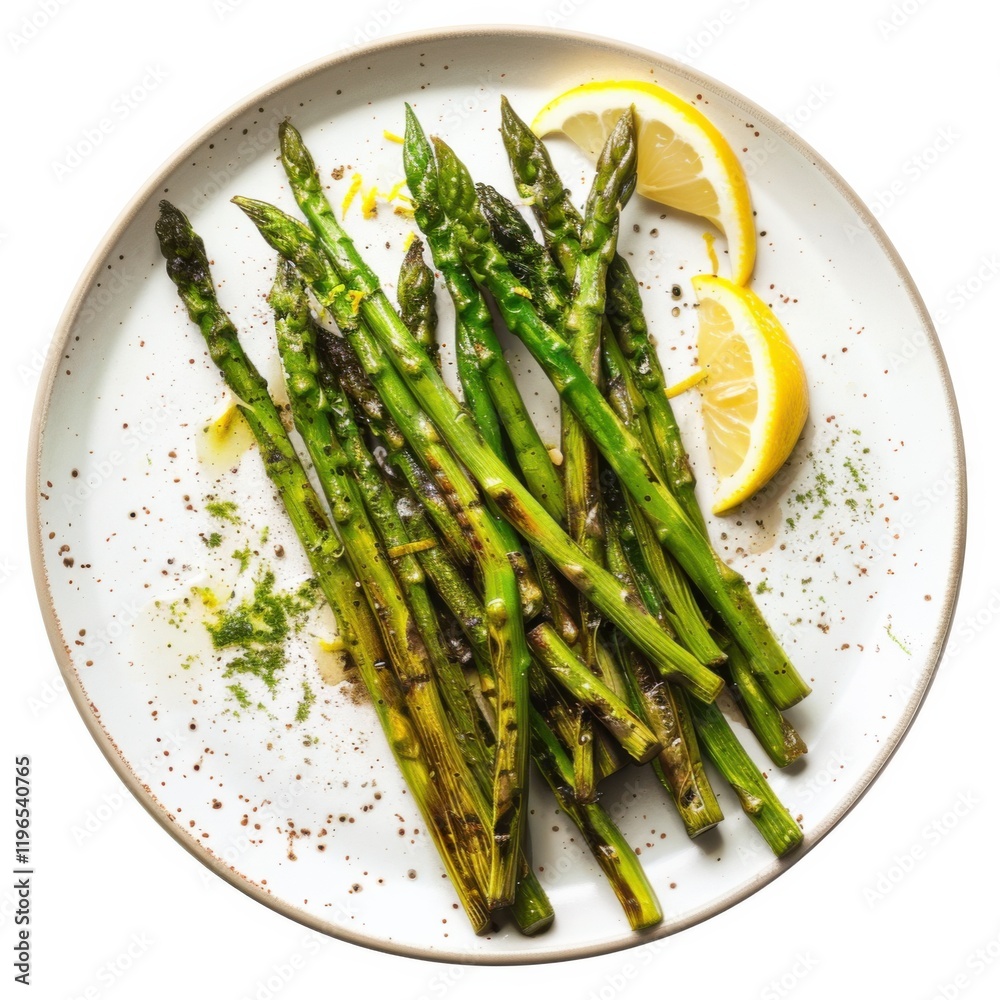 A plate of grilled asparagus spears with lemon zest and olive oil, isolated white background, impressionist art style A plate of grilled asparagus spears with lemon zest and olive oil, isolated white background, impressionist art style