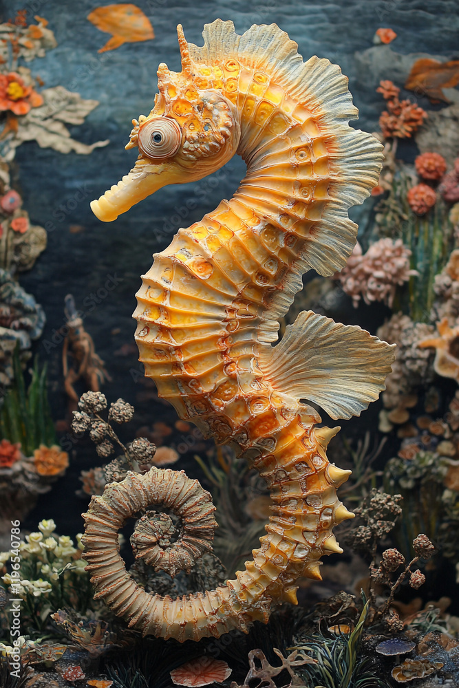 Fototapeta premium A Detailed Seahorse Sculpture Amidst Ocean Flora