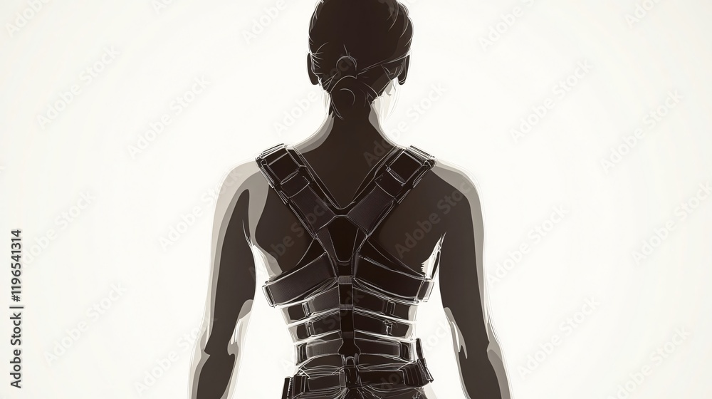 Woman with posture support device: Back view. Medical, healthcare, rehabilitation, and injury recovery concept. Woman with posture support device: Back view. Medical, healthcare, rehabilitation, and injury recovery concept.
