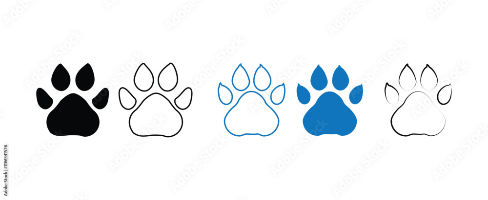 Fototapeta premium Footprint pet. Paw prints. Dog or cat vector, icon. Foot puppy isolated on white background. Black silhouette paw. Cute shape paw print. Walks for design. Animal track. Trace foot dog, cat. Vector
