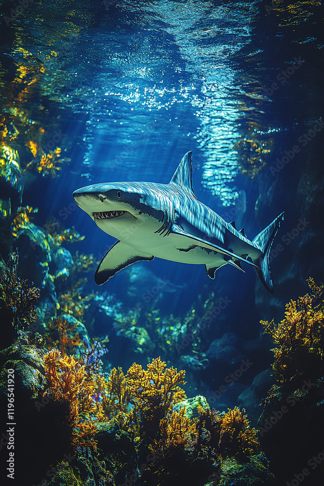 Fototapeta premium Majestic Shark Swims Through Vibrant Ocean Reef