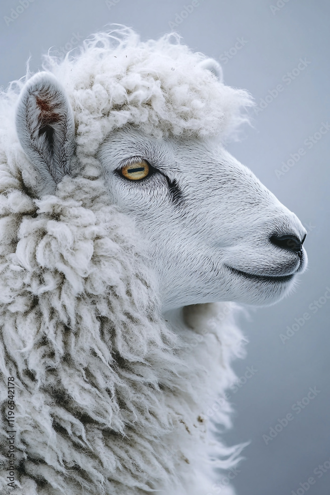Fototapeta premium A Fluffy White Sheep Profile Portrait