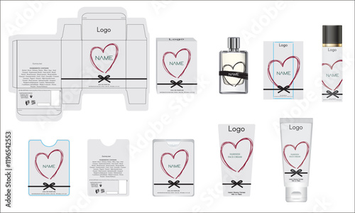 Packaging design, luxury perfume box, pocket perfume, deo design and face cream template and mock up box. Illustration vector.