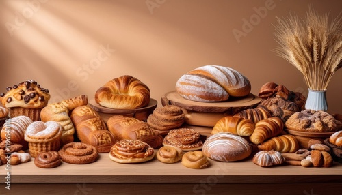 Gourmet Pastry Display with Freshly Baked Breads and Desserts on Beige Background in Artisan Bakehouse Setting, bakery