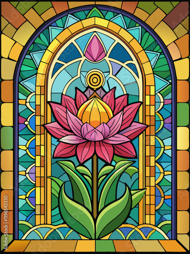 Flower , Stained Glass Style, Full body , window temple