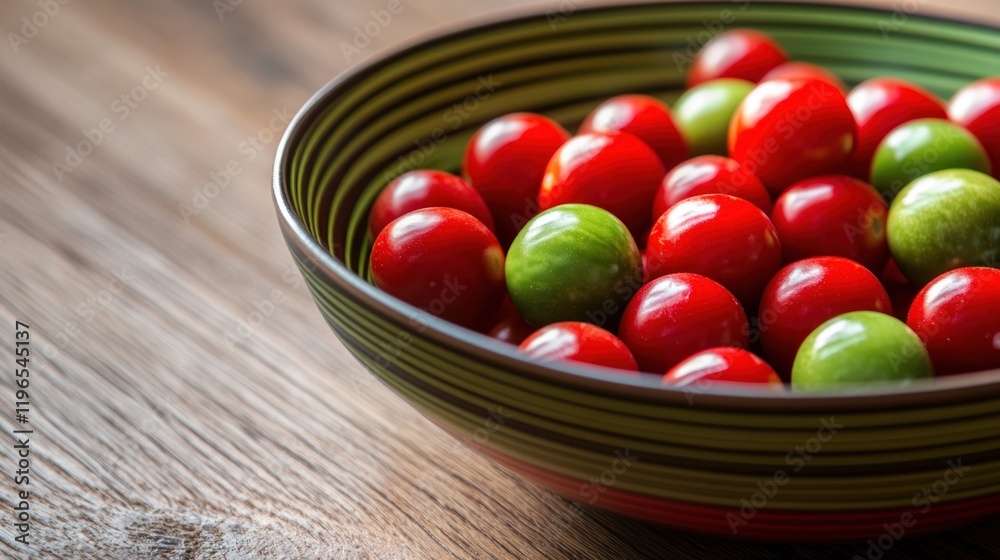 Vibrant Red and Green Cherry Tomatoes in a Striped Bowl Vibrant Red and Green Cherry Tomatoes in a Striped Bowl