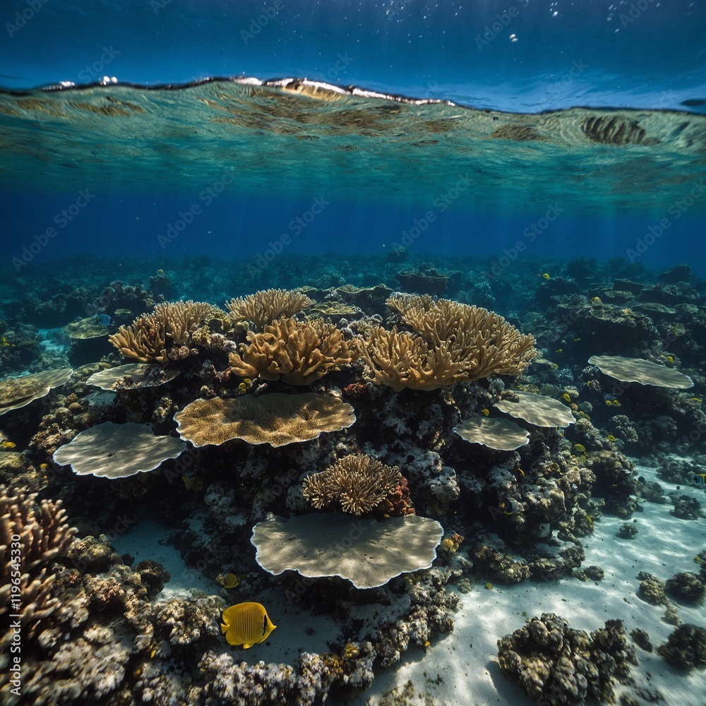 Photograph a coral atoll from underwater. Photograph a coral atoll from underwater.