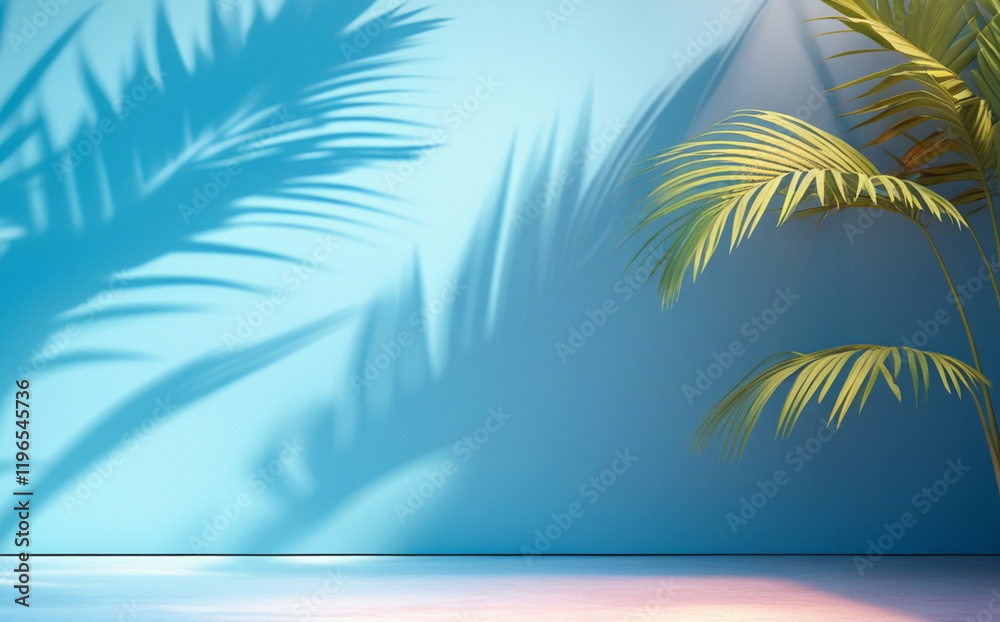 stock photo features a minimalist, generative concept with palm leaves casting shadows on a blue wall and pastel floor, creating a summer tropical beach background in an empty room ideal for product stock photo features a minimalist, generative concept with palm leaves casting shadows on a blue wall and pastel floor, creating a summer tropical beach background in an empty room ideal for product