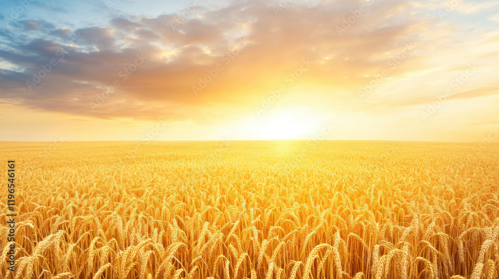 Naklejka premium Golden wheat field at sunset under dramatic clouds