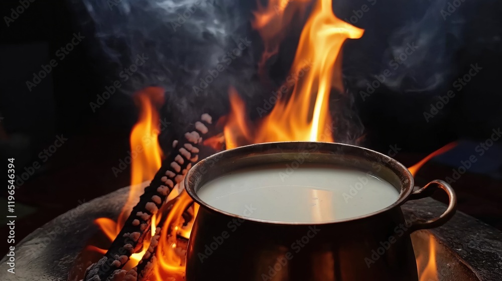 A pot of milk is placed on the stick fire A pot of milk is placed on the stick fire