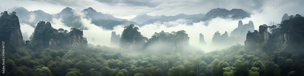 A mountain range with a foggy mist A mountain range with a foggy mist