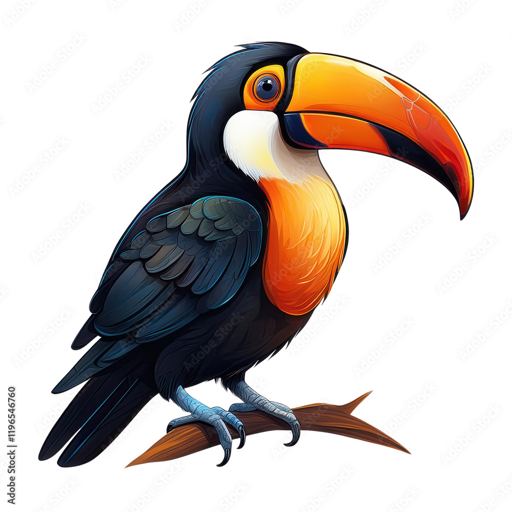 Fototapeta premium Colorful toucan perched on a branch, white isolate background