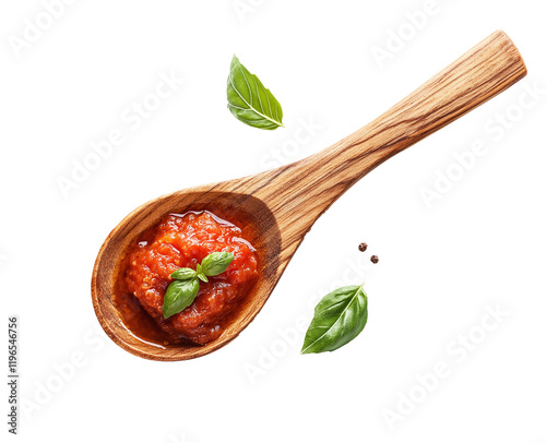 Tomato Sauce on Spoon, Isolated on White Background – Fresh Italian Tomato Red Pulp Macro Detail, Light Wooden Spoon, High Resolution, Bright Icon photo