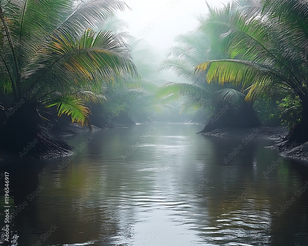 Misty river flowing through lush palm trees. Misty river flowing through lush palm trees.