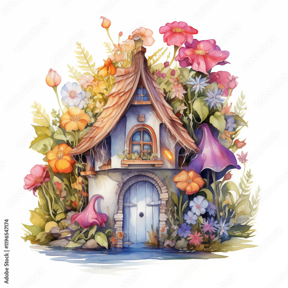 Fototapeta premium A whimsical fairy house surrounded by vibrant blooming flowers, glowing warmly from within. This enchanting watercolor illustration radiates magic and tranquility