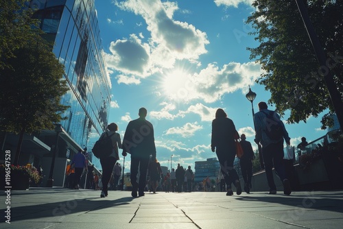 Silhouetted people walking city street, bright sun.