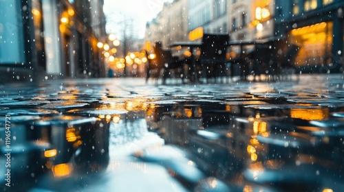 Abstract reflection of cafe lights in a rainy puddle on cobblestone street