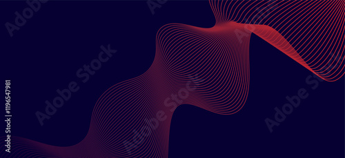 Abstract wave pattern, dynamic fluid lines, red and blue gradient, digital art, minimalist design, flowing curves