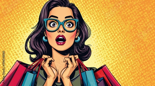 Pop Art Stylish Woman with Shopping Bags in Retro Comic Book Style