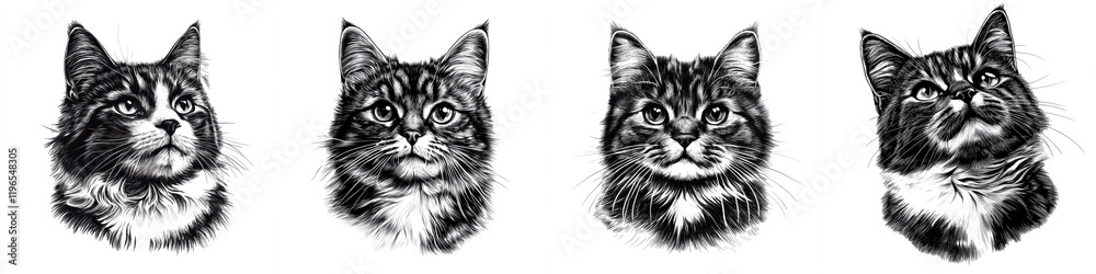 Fototapeta premium Portraits of four distinct cats, showcasing their unique features and expressions