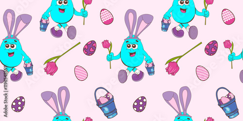 Seamless Easter pattern. A spring pattern with a cheerful character in the style of a groove. Mascot egg