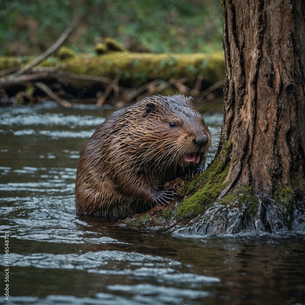 A beaver building a dam in a calm forest stream.
A beaver building a dam in a calm forest stream.