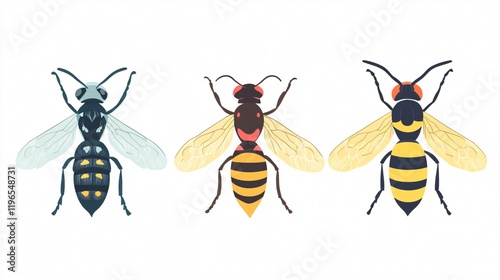 Three Bees or Wasps on White Background - Colorful Insect Illustration photo