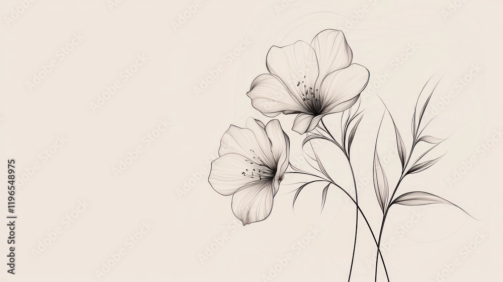 Elegant Floral Sketch: Delicate Line Art of Two Blossoms Elegant Floral Sketch: Delicate Line Art of Two Blossoms
