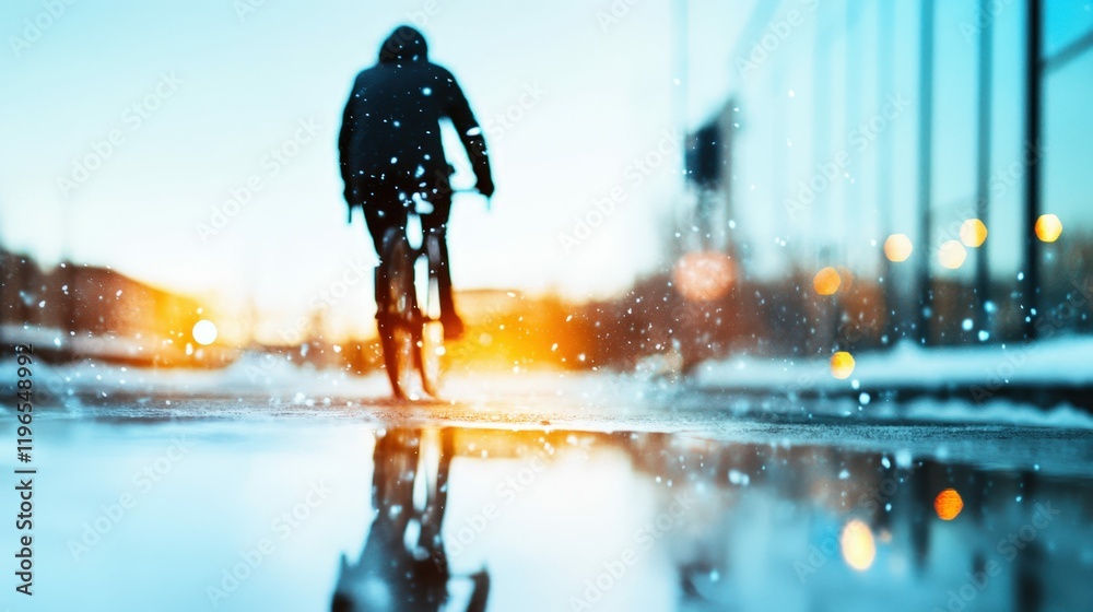 Fototapeta premium Abstract reflection of a cyclist in a puddle with surreal light and atmosphere