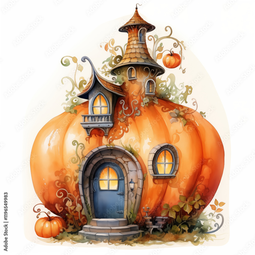 Obraz premium A magical fairytale house nestled inside a giant pumpkin, surrounded by autumn leaves and smaller pumpkins. A cozy and imaginative watercolor illustration radiating warm autumn vibes