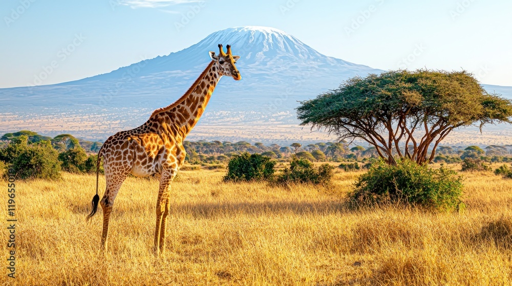 Obraz premium Giraffe standing Kilimanjaro savanna sunrise Africa.