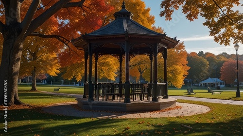 bench in autumn park chinese traditional style photo