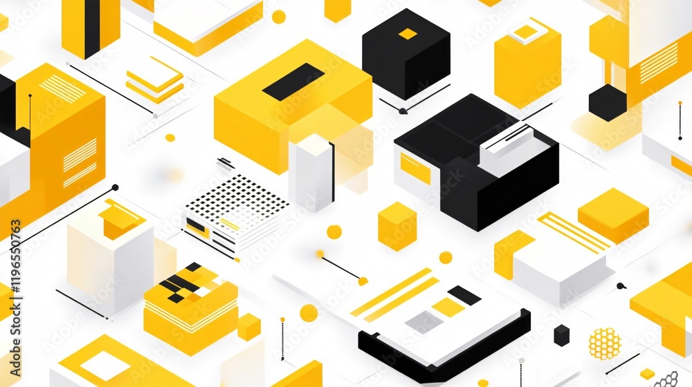 Obraz premium Abstract 3D Isometric Geometric Shapes in Yellow and Black on White Background