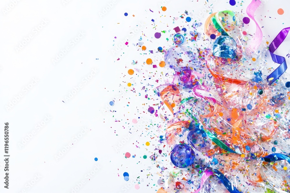 Fototapeta premium Colorful confetti and ribbons burst on white background.