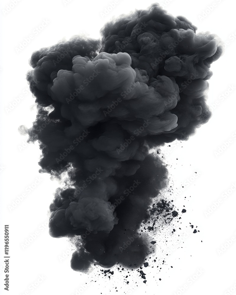 Abstract dark grey ink cloud explosion isolated on white background.